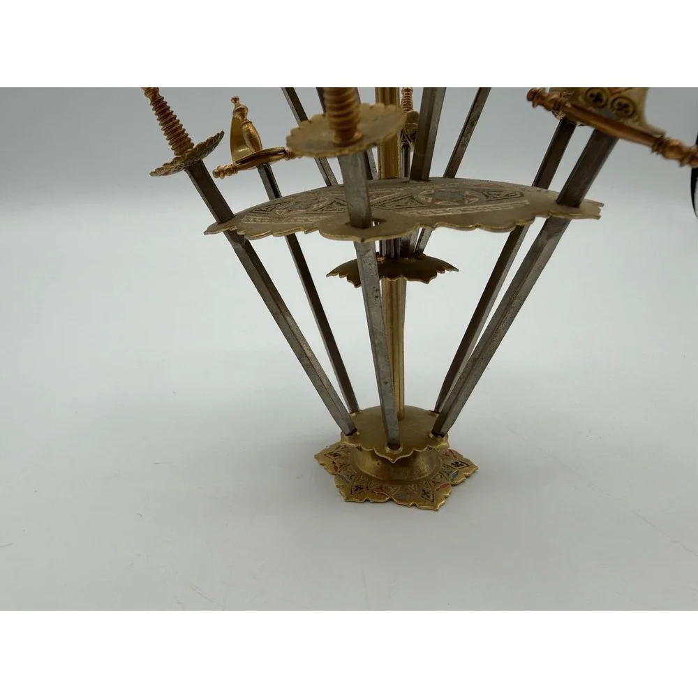 Vintage Toledo Spain Appetizer Swords Set of 12 Brass Cocktail Picks Stand